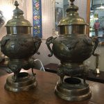 Pair of Brass Antique Asian Style covered Mantle Urns w/Birds