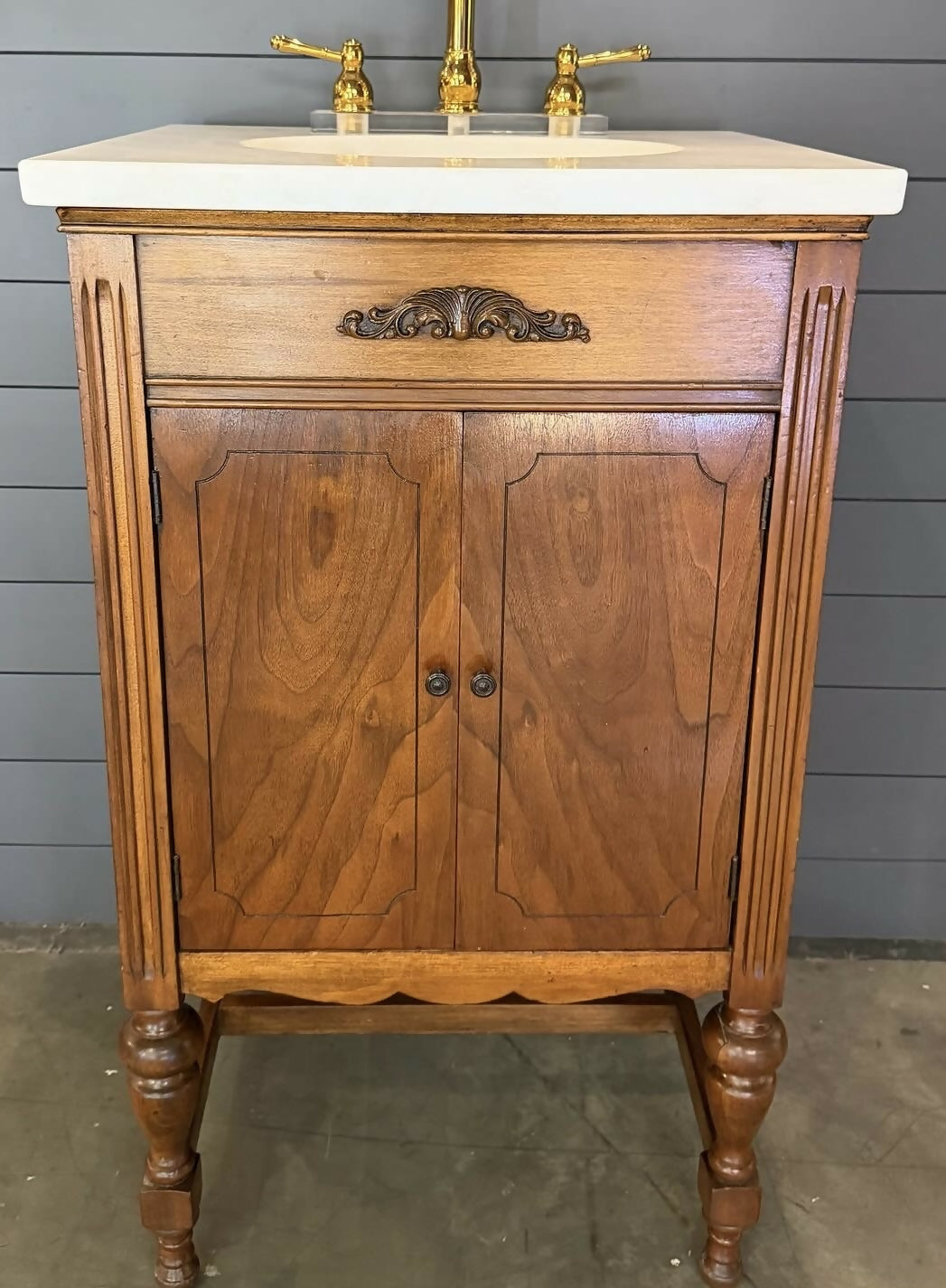 Antique French Oak Victrola Bath Vanity with Sink