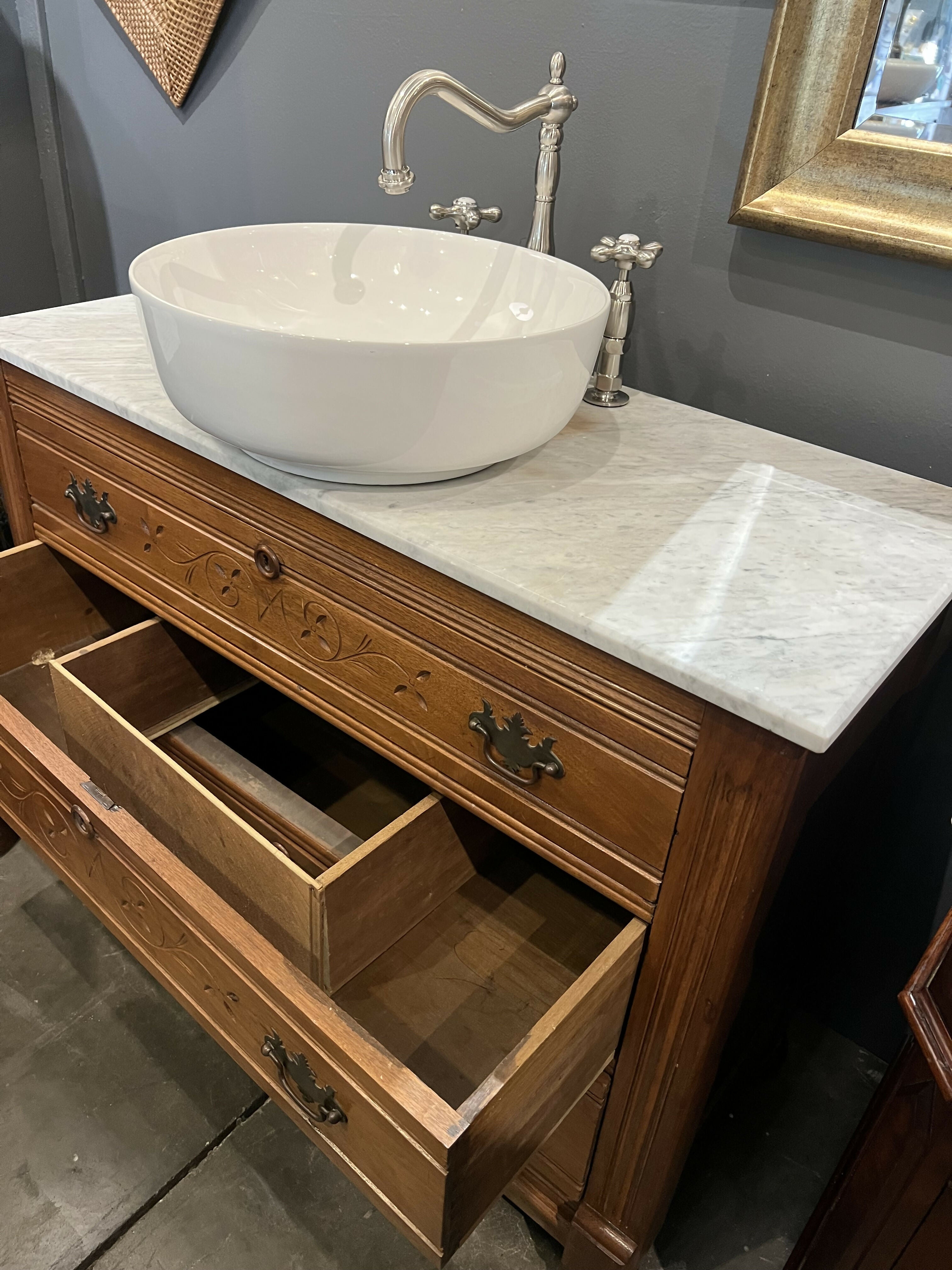 Antique Eastlake Walnut Dresser Bath Vanity