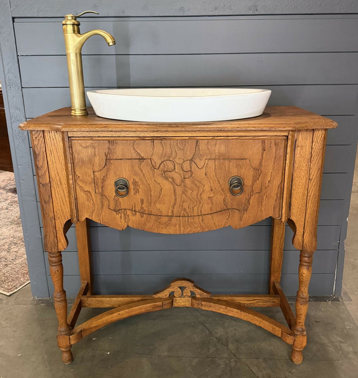 Antique Oak Cupboard Base Bath Vanity with Sink