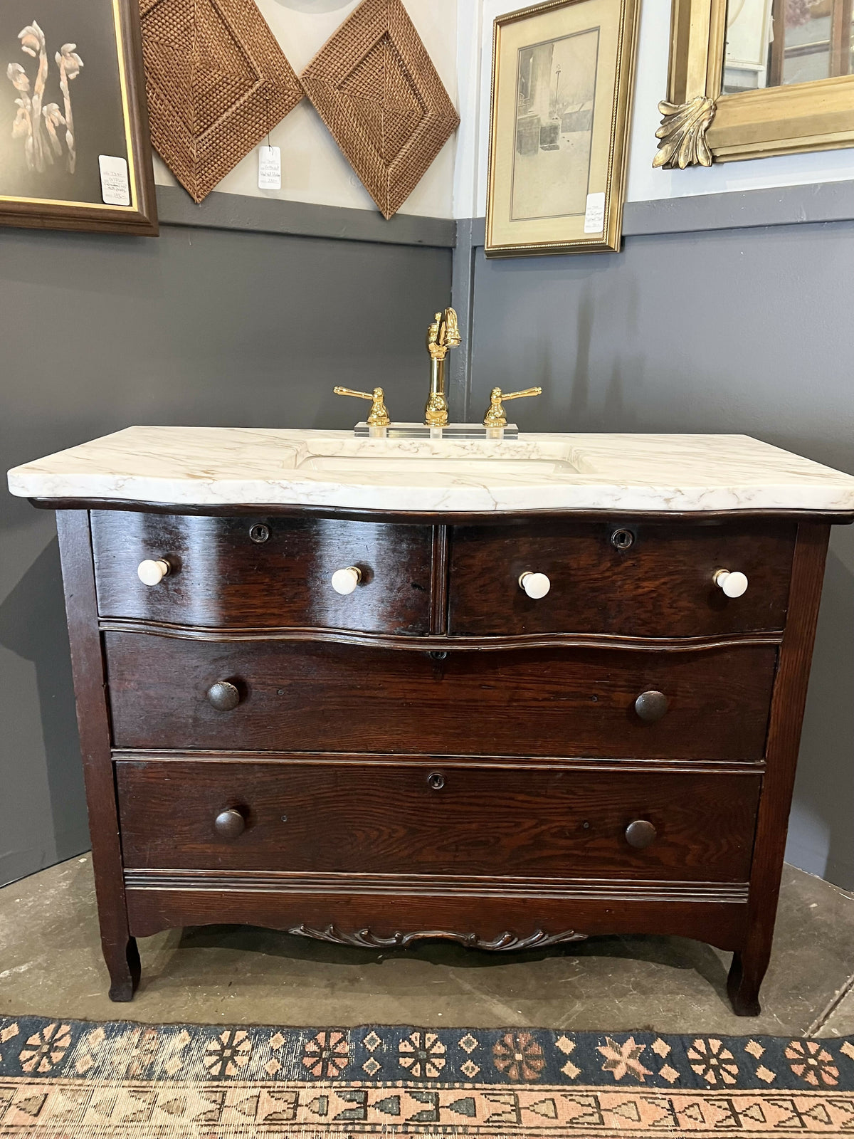 Antique Walnut Serpentine Chest Bath Vanity with sink