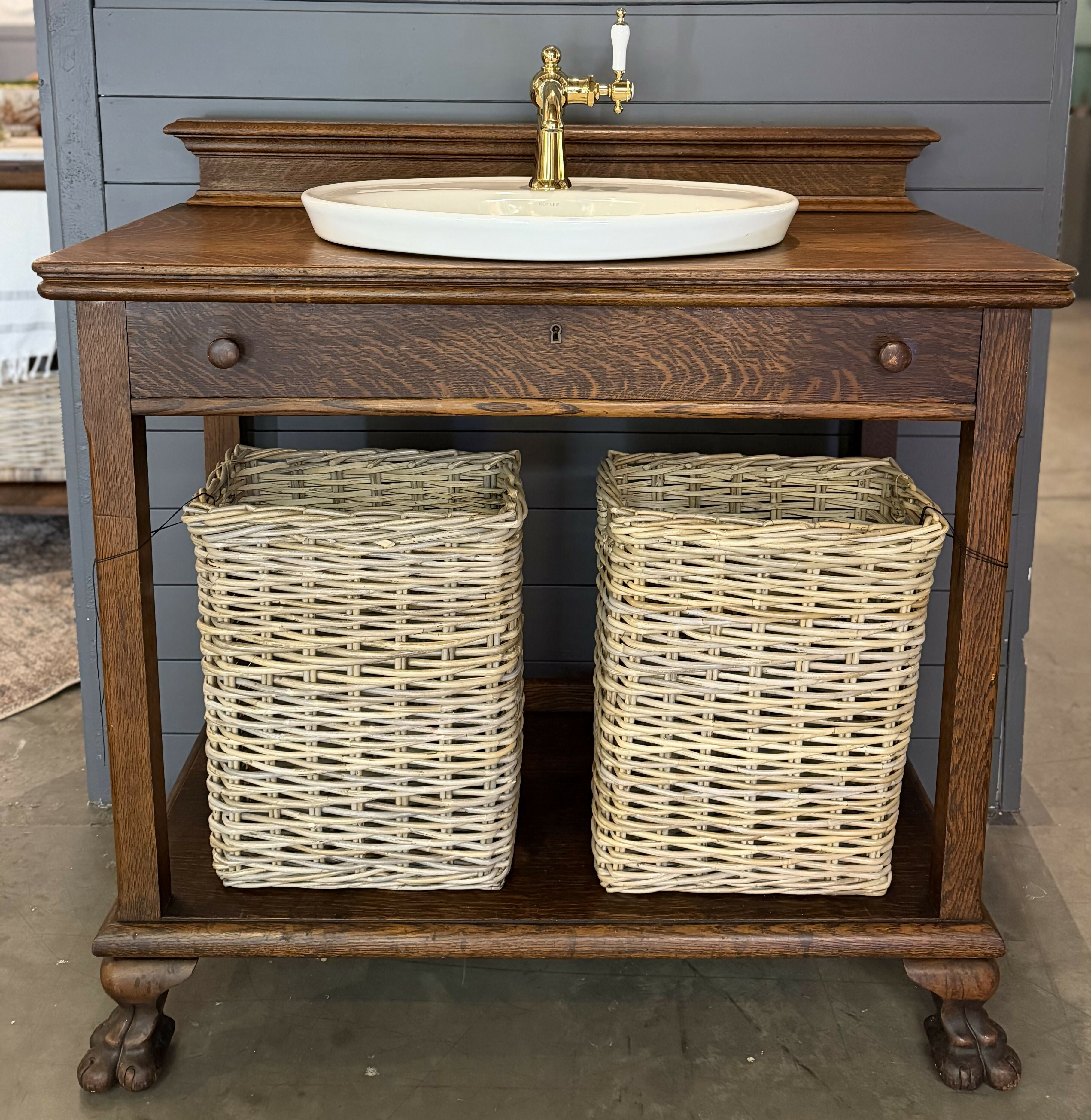 Antique Quarter Sawn Oak Bath Vanity with sink, baskets