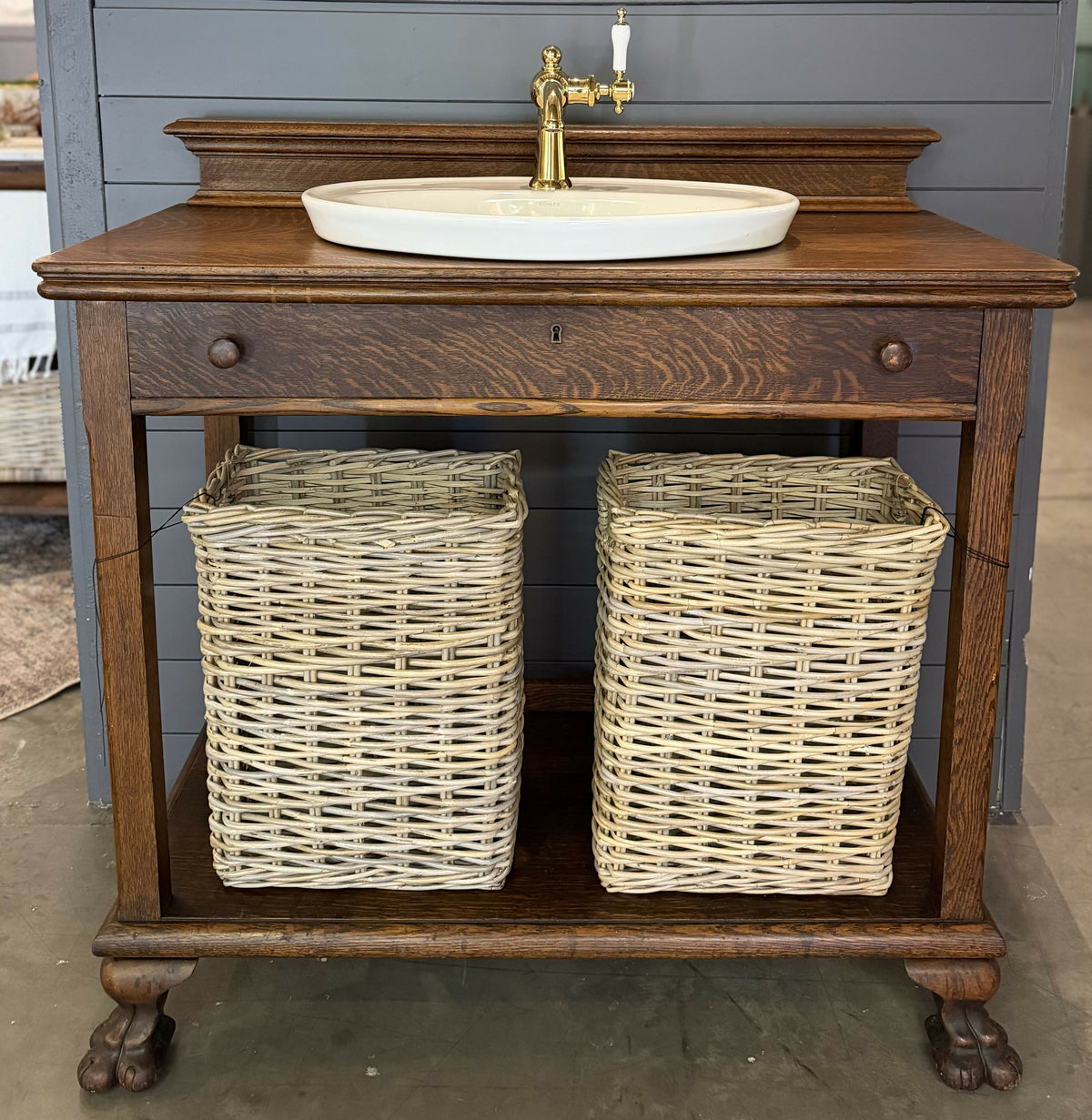 Antique Quarter Sawn Oak Bath Vanity with sink, baskets