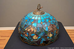 VINTAGE "TIFFANY TYLE" HANGING STAINED GLASS CHANDELIER - BLUE COLORATION.