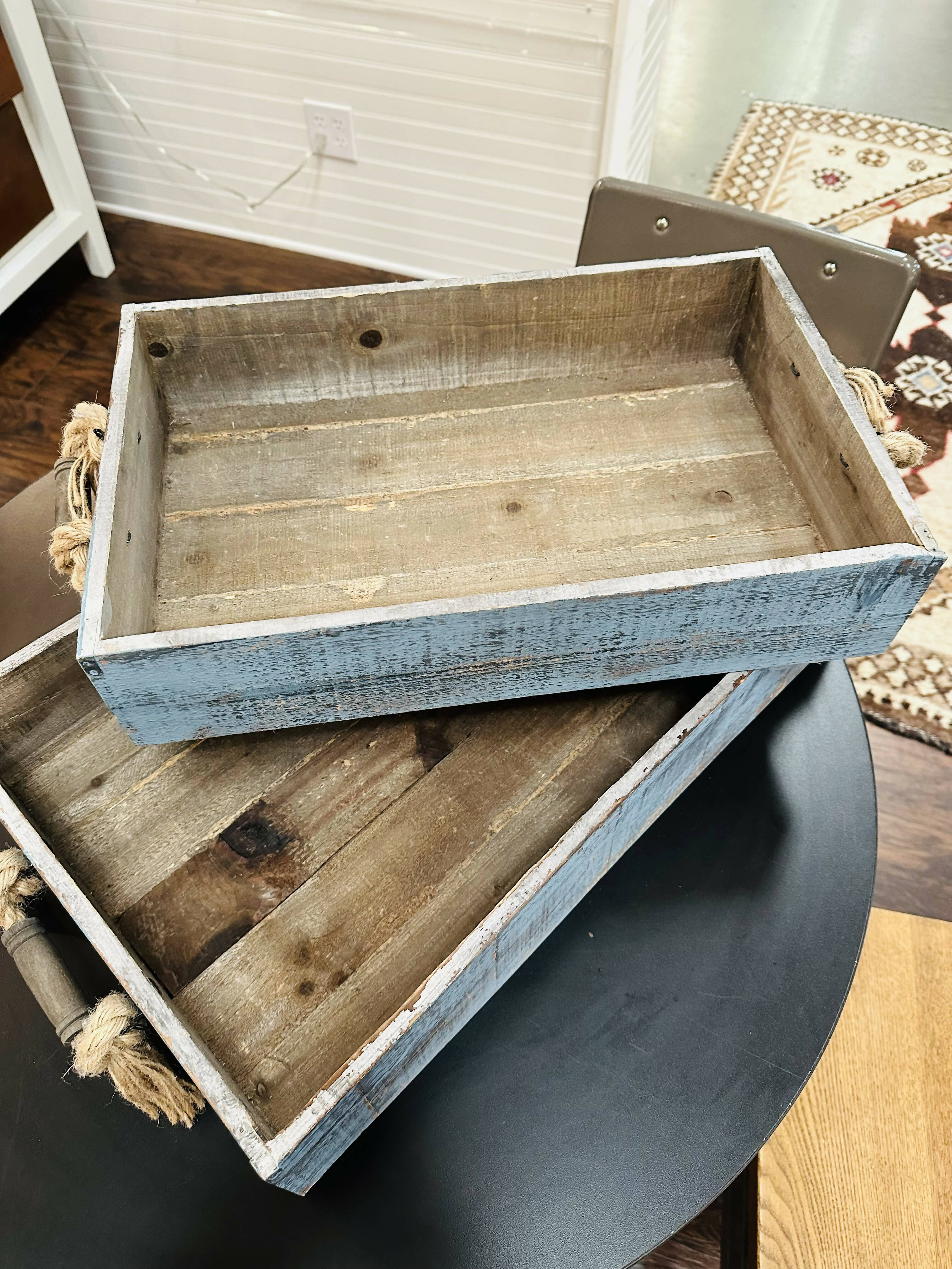 Set of Two Nested Blue Wood Trays
