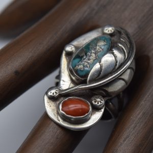 Early Navajo Sterling Turquoise Coral Ring