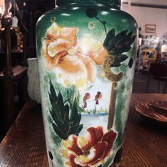 Large hand-painted vintage green and floral vase