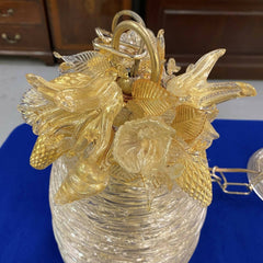 Murano Spun Gold Beehive Ceiling Light with Oceanic And Floral Adornments/Glass Escutcheon