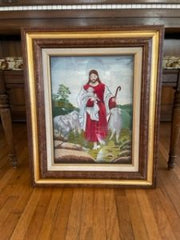 Embroidered Jesus in Wood and Gold Frame