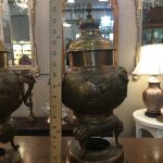 Pair of Brass Antique Asian Style covered Mantle Urns w/Birds
