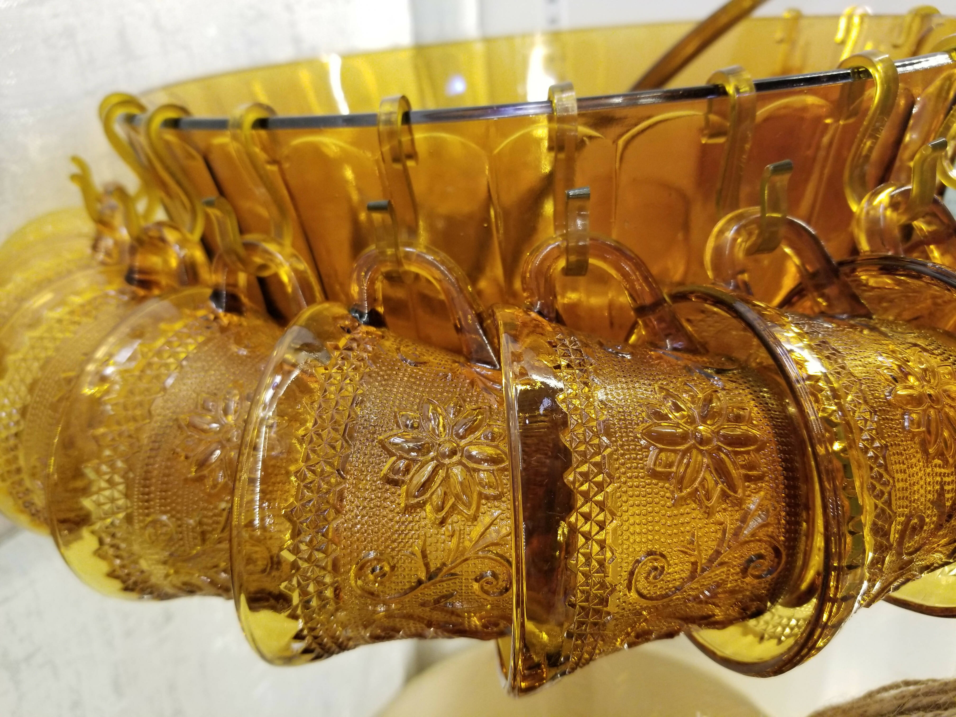 Amber Gold Tiara Sandwich Glass Punch Bowl Set Includes Cups, Hooks, and Ladle Fall Colors