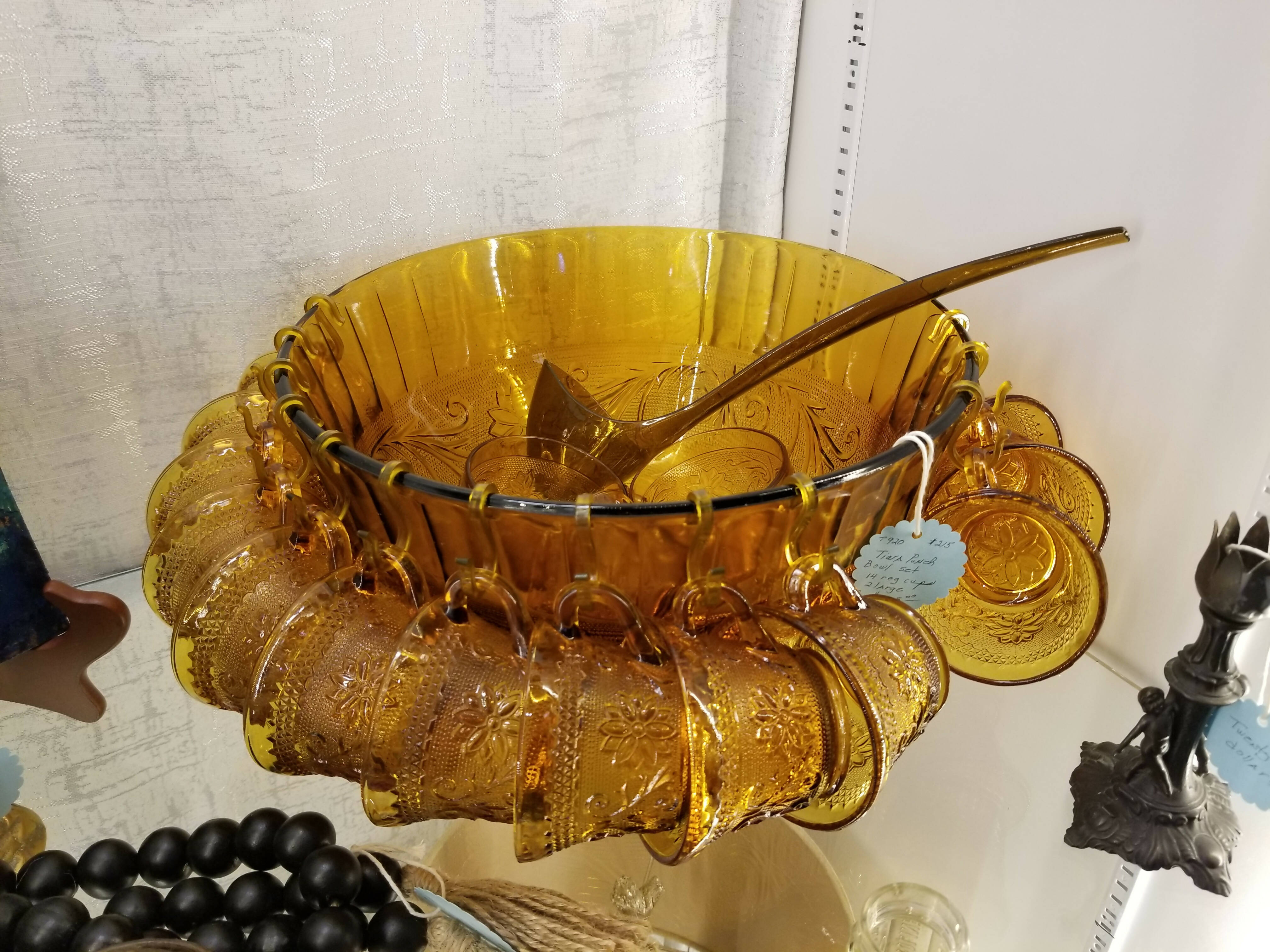 Amber Gold Tiara Sandwich Glass Punch Bowl Set Includes Cups, Hooks, and Ladle Fall Colors