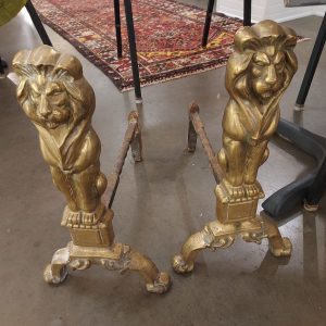 Pair Of Brass Lion Andirons