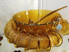 Amber Gold Tiara Sandwich Glass Punch Bowl Set Includes Cups, Hooks, and Ladle Fall Colors