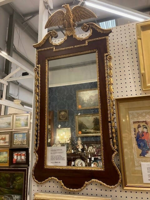 CHIPPENDALE MIRROR WITH GOLD EMBELLISHMENT AND EAGLE AT TOP