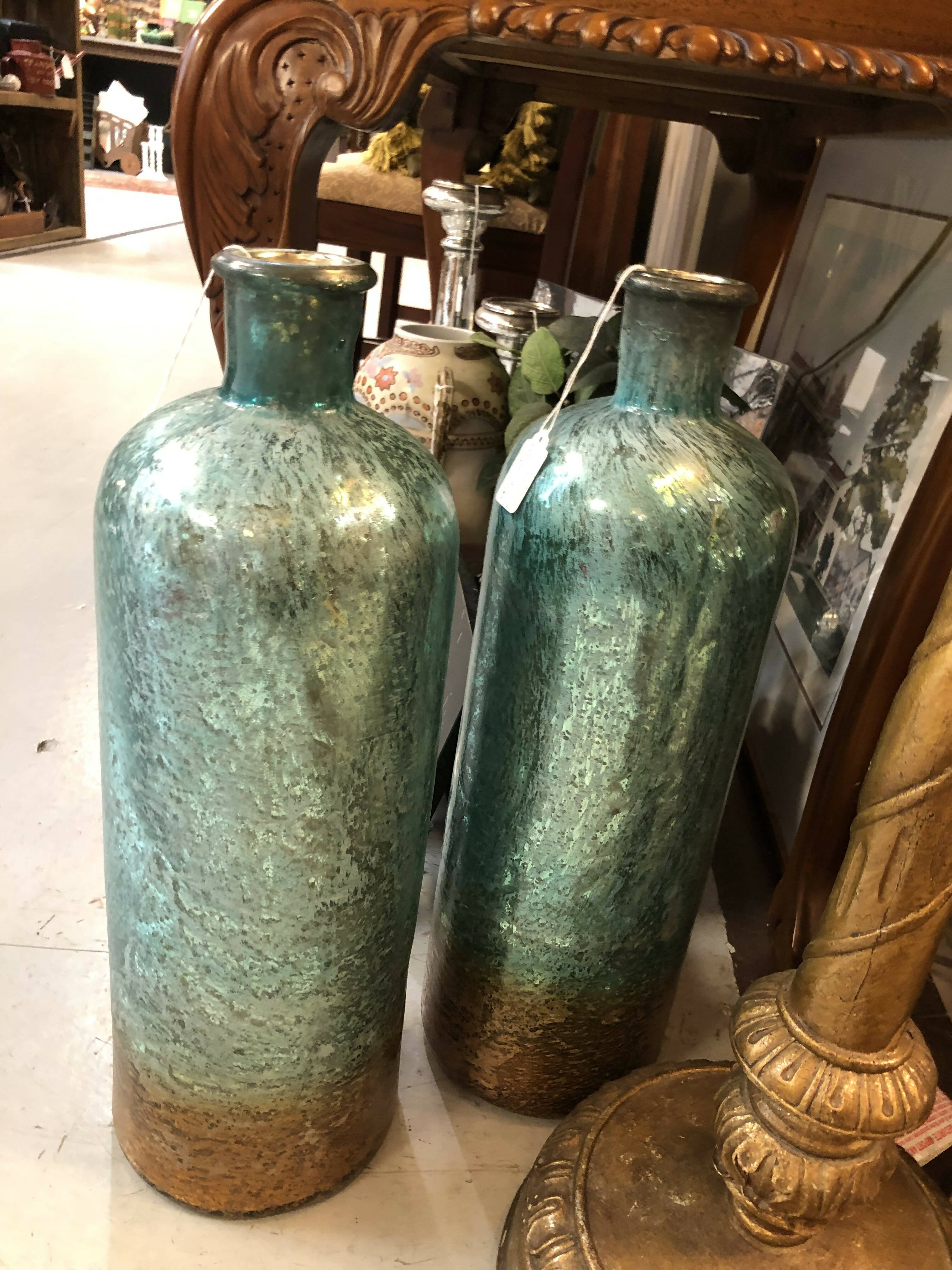 Tall blue/green urns