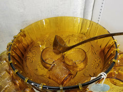 Amber Gold Tiara Sandwich Glass Punch Bowl Set Includes Cups, Hooks, and Ladle Fall Colors